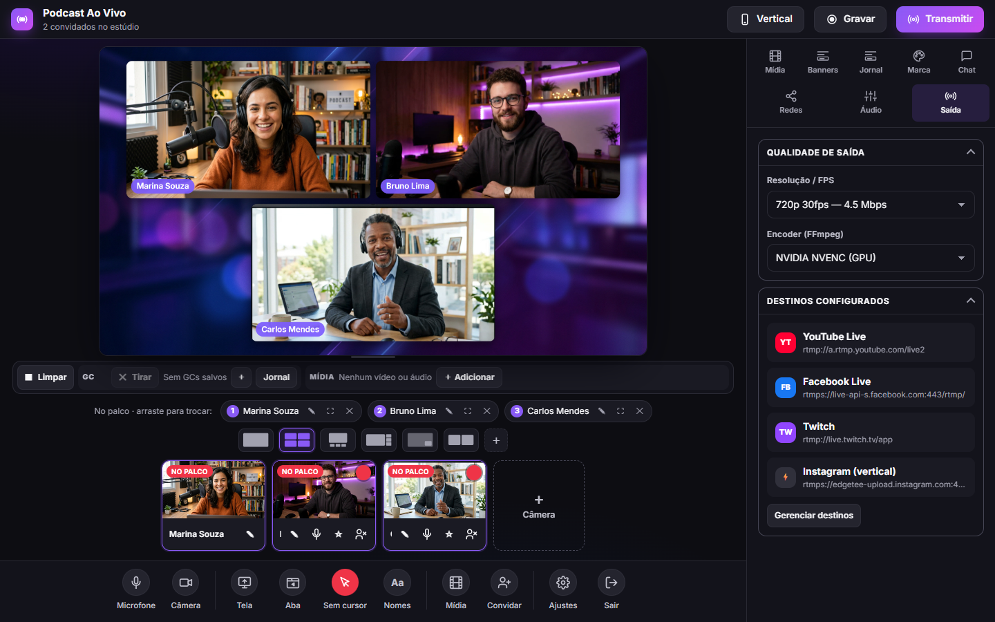 Painel de saída com destinos YouTube, Facebook, Twitch e Instagram